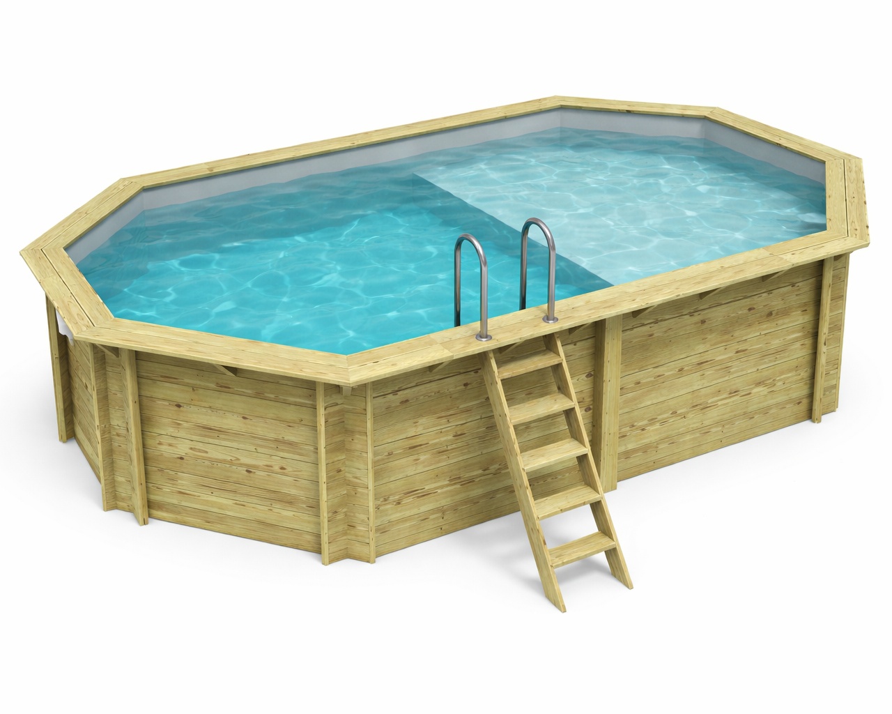 Piscine bois Altanka NEMO octogonale allongee avec plage 5,79 x 3,49m H 1,45m, liner gris ancrage beton