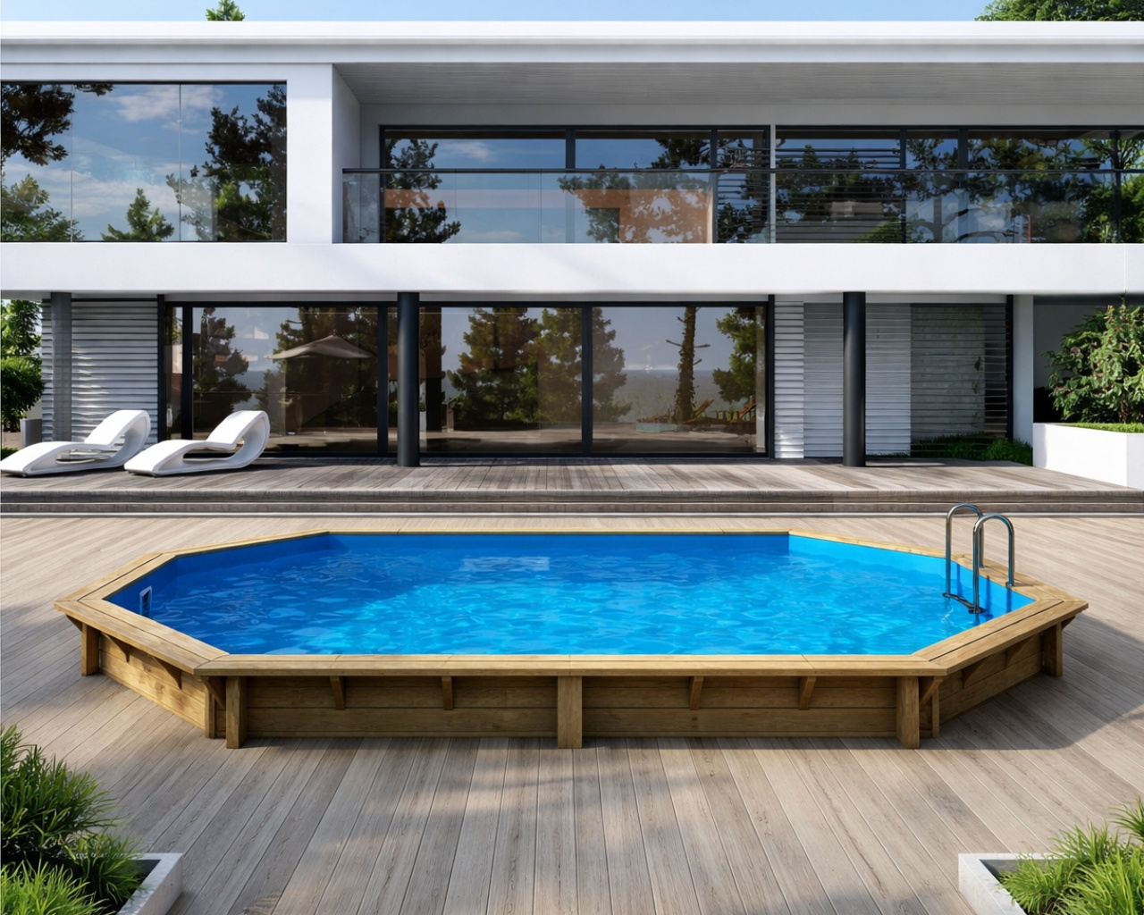 Piscine bois Altanka NEMO octogonale allongee 5,79 x 3,49m H 1,45m liner bleu, pose sur dalle