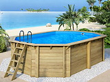 Piscine bois Altanka NEMO octogonale allongee 5,79 x 3,49m H 1,45m liner bleu, pose sur dalle - Autre vue