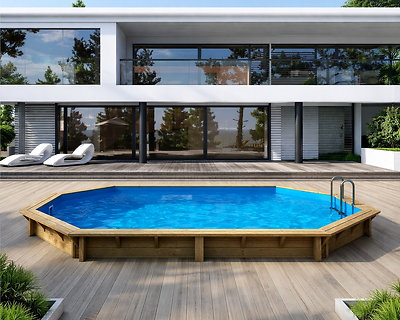 Piscine bois Altanka NEMO octogonale allongée 5,79 x 3,49m H 1,45m liner bleu, pose sur dalle
