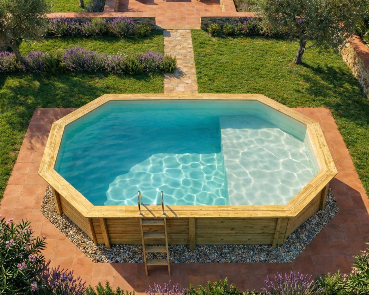 Piscine bois Altanka NEMO octogonale allongee avec plage 5,79 x 3,49m H 1,45m liner sable, pose sur dalle