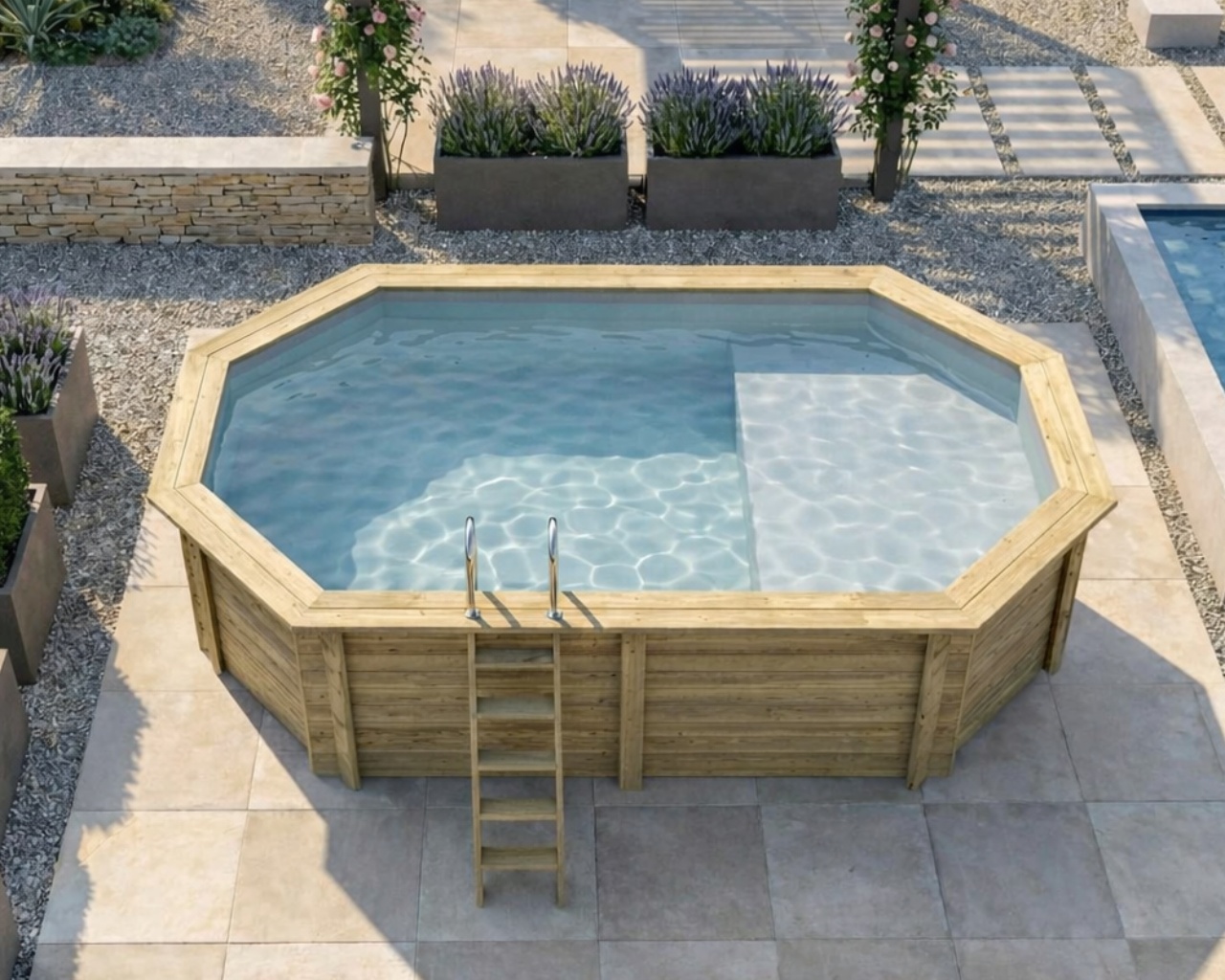 Piscine bois Altanka NEMO octogonale allongee avec plage 5,79 x 3,49m H 1,45m liner gris, pose sur dalle