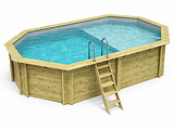 Piscine bois Altanka NEMO octogonale allongee avec plage 5,79 x 3,49m H 1,45m liner gris, pose sur dalle - Autre vue