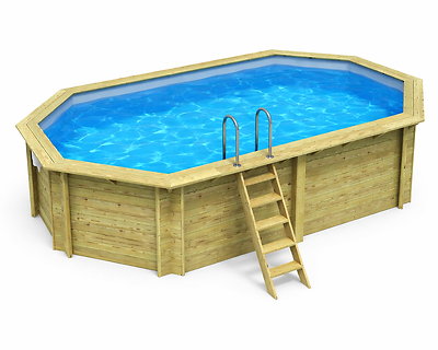 Piscine bois Altanka NEMO octogonale allongée 5,79 x 3,49m H 1,45m liner bleu, sans dalle béton