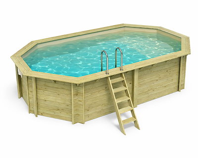 Piscine bois Altanka NEMO octogonale allongée 5,79 x 3,49m H 1,45m liner sable, sans dalle béton