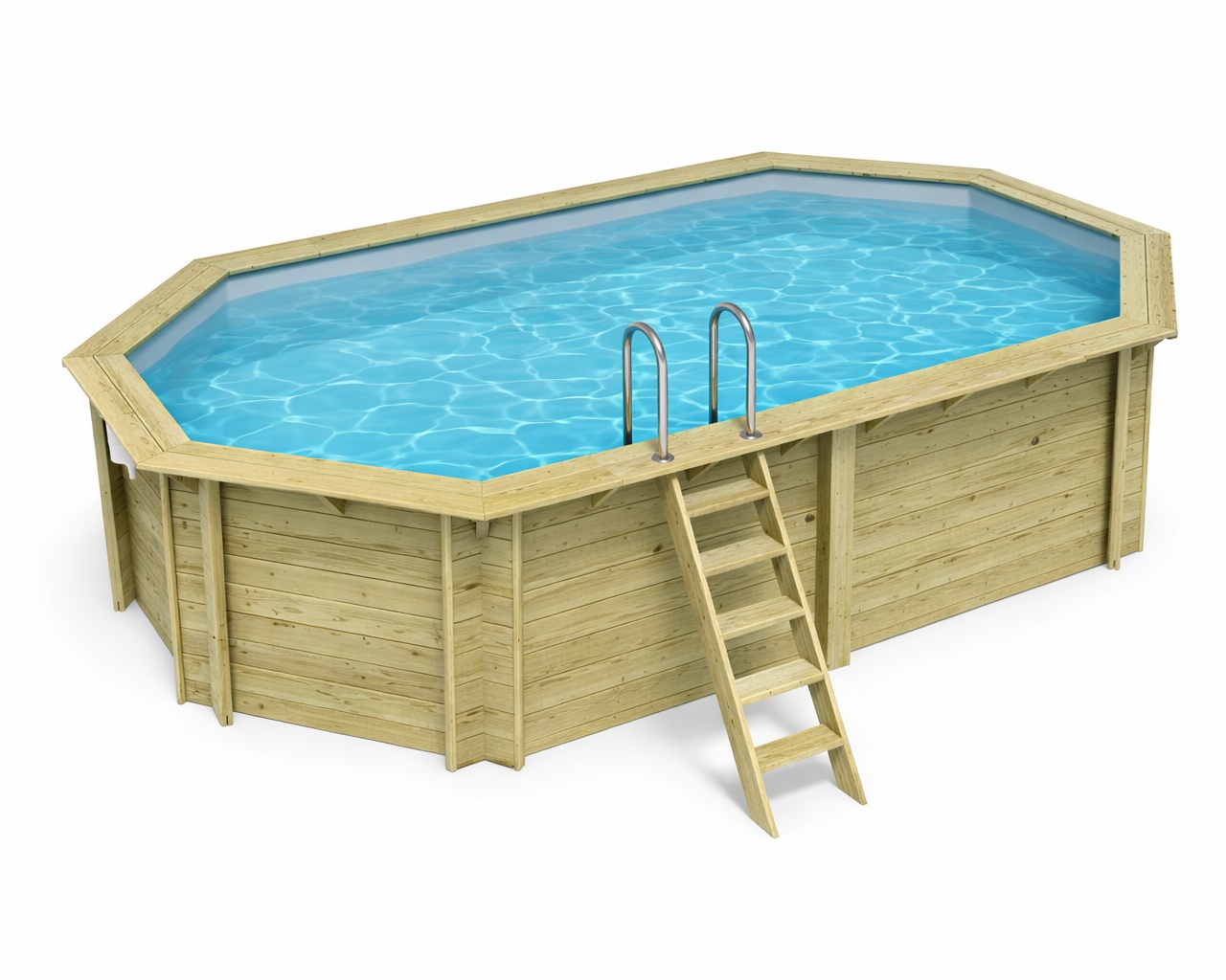 Piscine bois Altanka NEMO octogonale allongee 5,79 x 3,49m H 1,45m liner gris, sans dalle beton