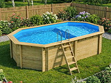 Piscine bois Altanka NEMO octogonale allongee avec plage 5,79 x 3,49m H 1,45m liner bleu, sans dalle beton
