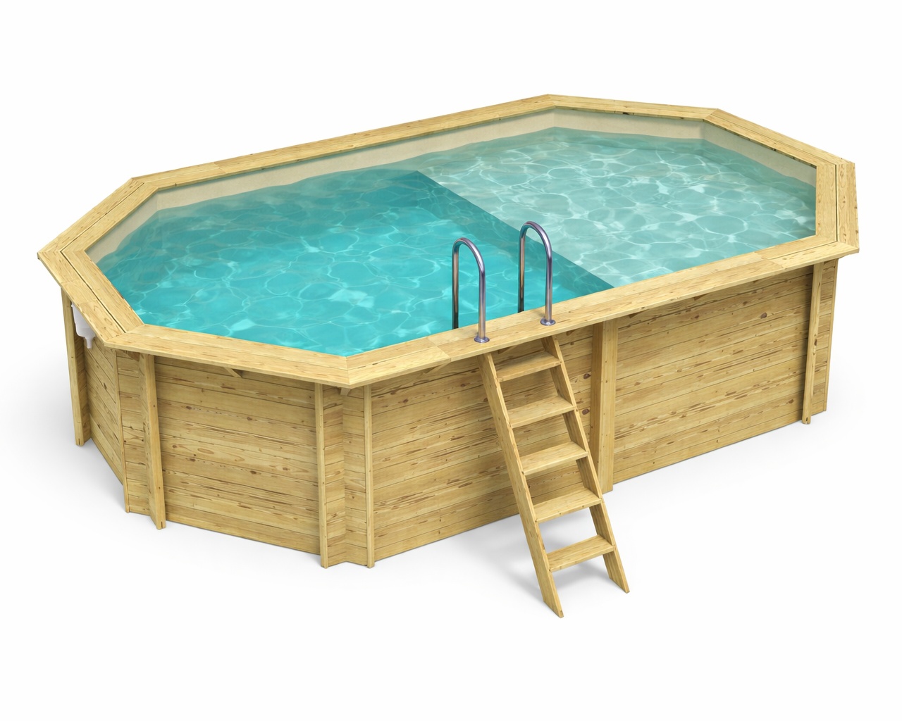 Piscine bois Altanka NEMO octogonale allongee avec plage 5,79 x 3,49m H 1,45m liner sable, sans dalle beton