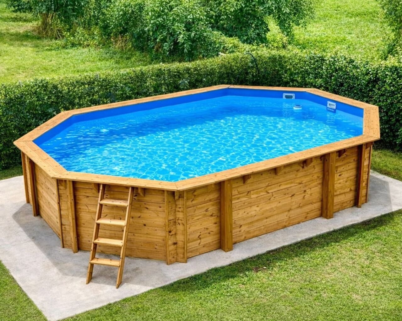 Piscine bois Altanka NEMO octogonale allongee 7,3 x 3,97m H 1,45m liner bleu, ancrage beton