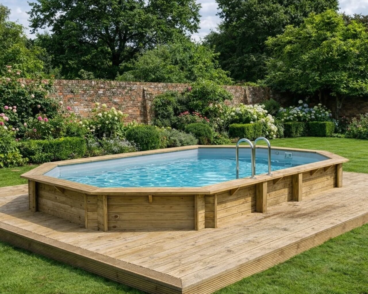 Piscine bois Altanka NEMO octogonale allongee 7,3 x 3,97m H 1,45m liner gris, ancrage beton