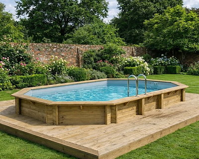 Piscine bois Altanka NEMO octogonale allongée 7,3 x 3,97m H 1,45m liner gris, ancrage béton