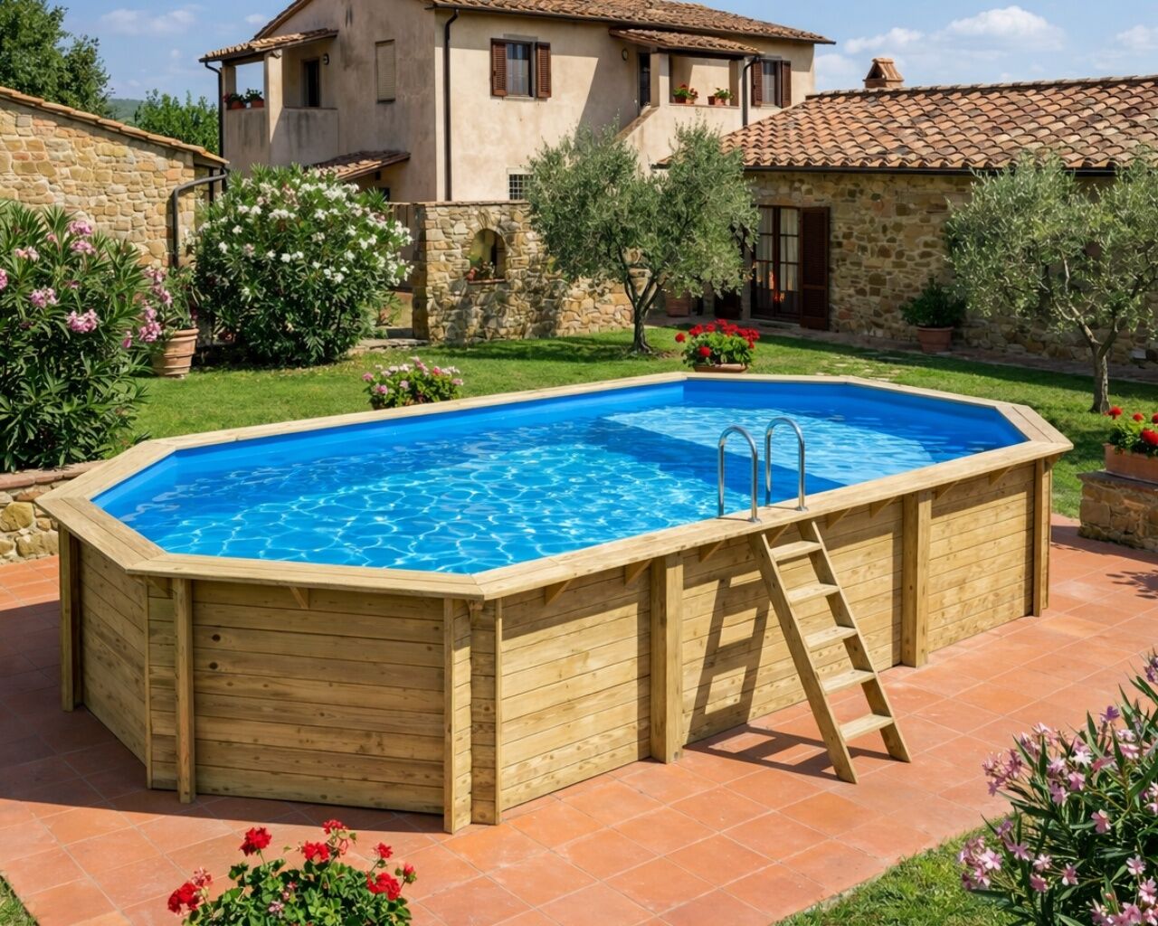 Piscine bois Altanka NEMO octogonale allongee avec plage 7,3 x 3,97m H 1,45m liner bleu, ancrage beton