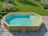 Piscine bois Altanka NEMO octogonale allongee avec plage 7,3 x 3,97m H 1,45m liner sable, ancrage beton