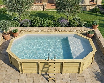 Piscine bois Altanka NEMO octogonale allongée avec plage 7,3 x 3,97m H 1,45m liner gris, ancrage béton