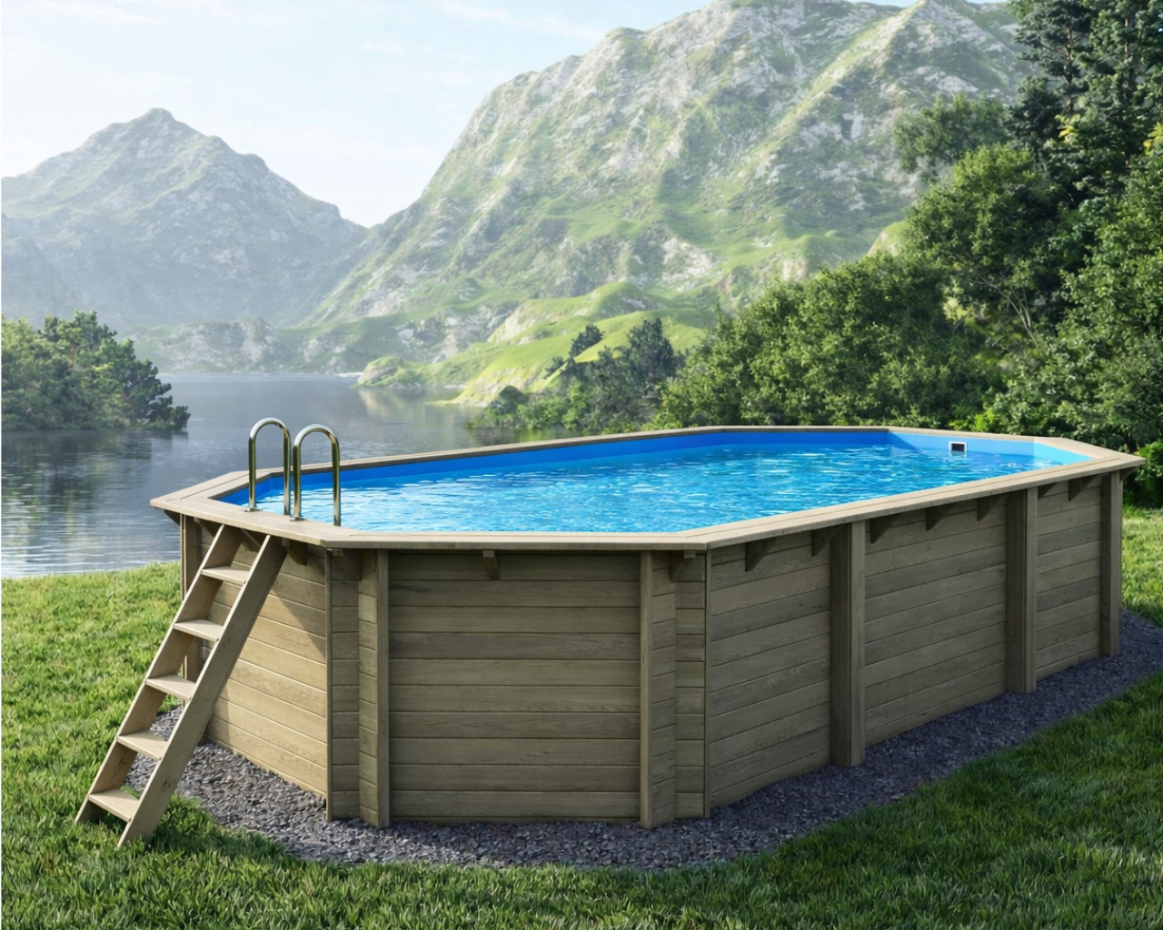 Piscine bois Altanka NEMO octogonale allongee 7,3 x 3,97m H 1,45m liner bleu, pose sur dalle