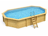Piscine bois Altanka NEMO octogonale allongee 7,3 x 3,97m H 1,45m liner bleu, pose sur dalle - Autre vue