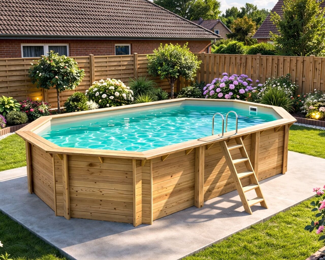 Piscine bois Altanka NEMO octogonale allongee 7,3 x 3,97m H 1,45m liner sable, pose sur dalle