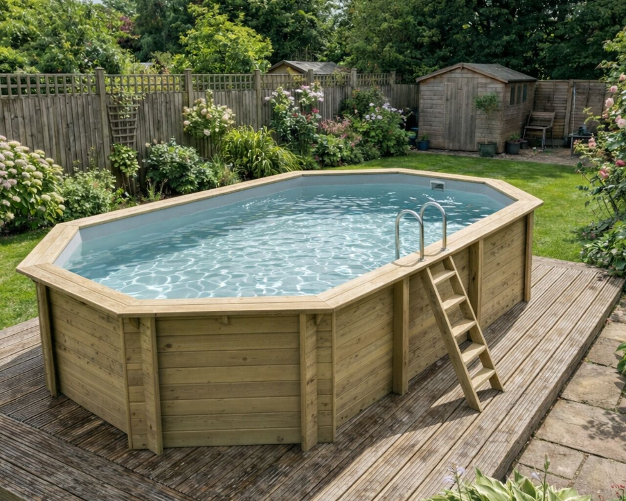 Piscine bois Altanka NEMO octogonale allongee 7,3 x 3,97m H 1,45m liner gris, pose sur dalle