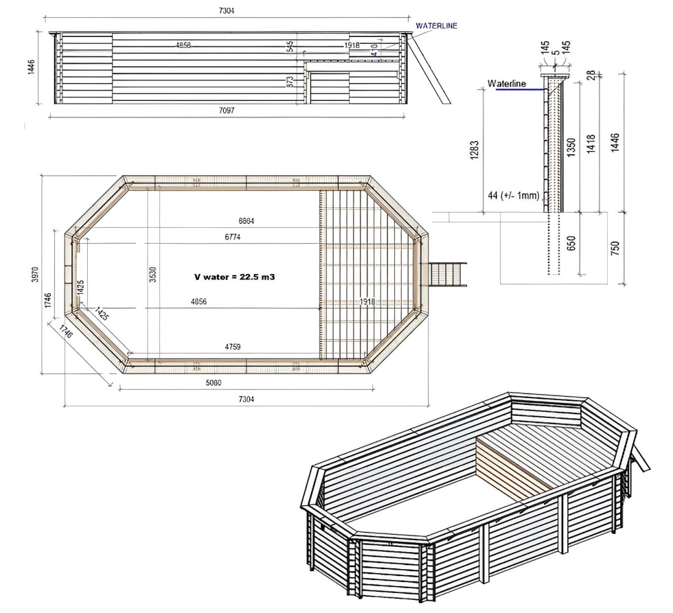 Le kit piscine bois Altanka NEMO 730 x 397 cm comprend :