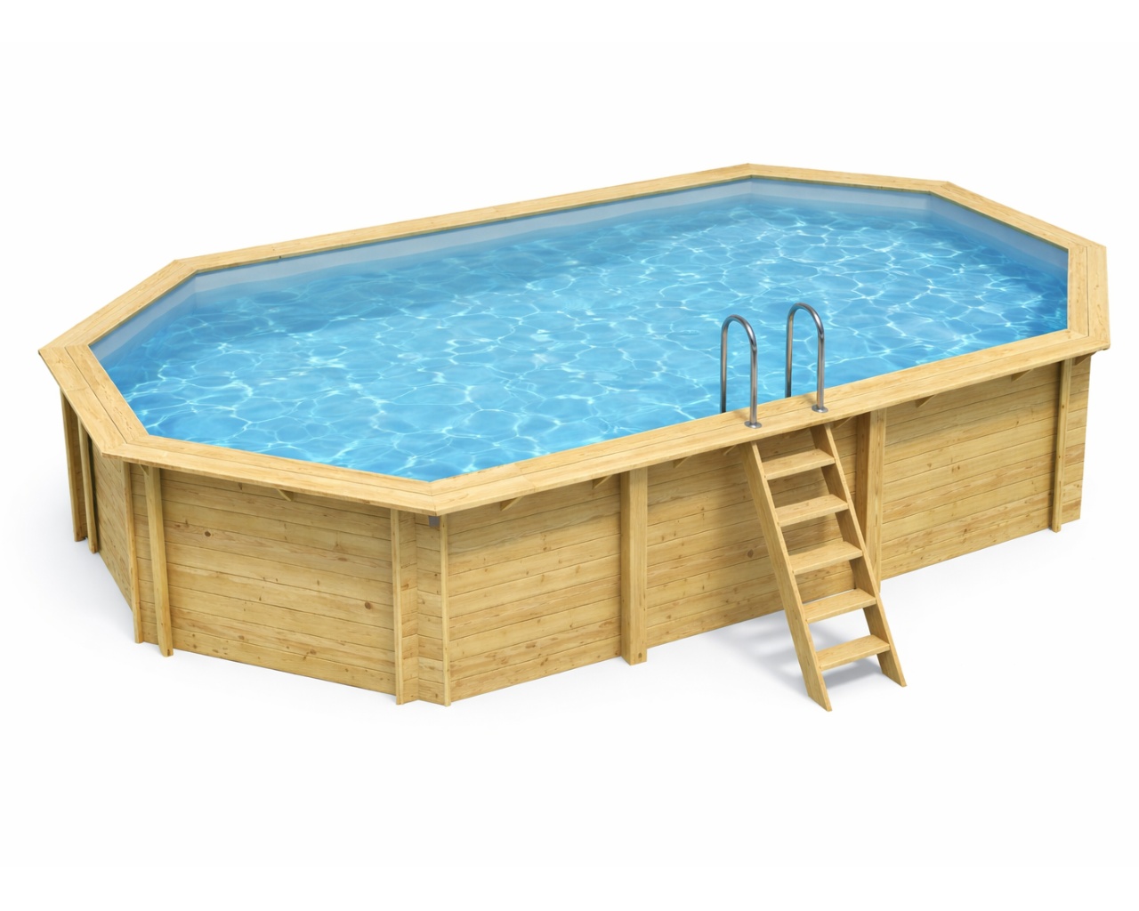 Piscine bois Altanka NEMO octogonale allongee 7,3 x 3,97m H 1,45m liner bleu, sans dalle beton