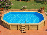 Piscine bois Altanka NEMO octogonale allongee 7,3 x 3,97m H 1,45m liner bleu, sans dalle beton - Autre vue