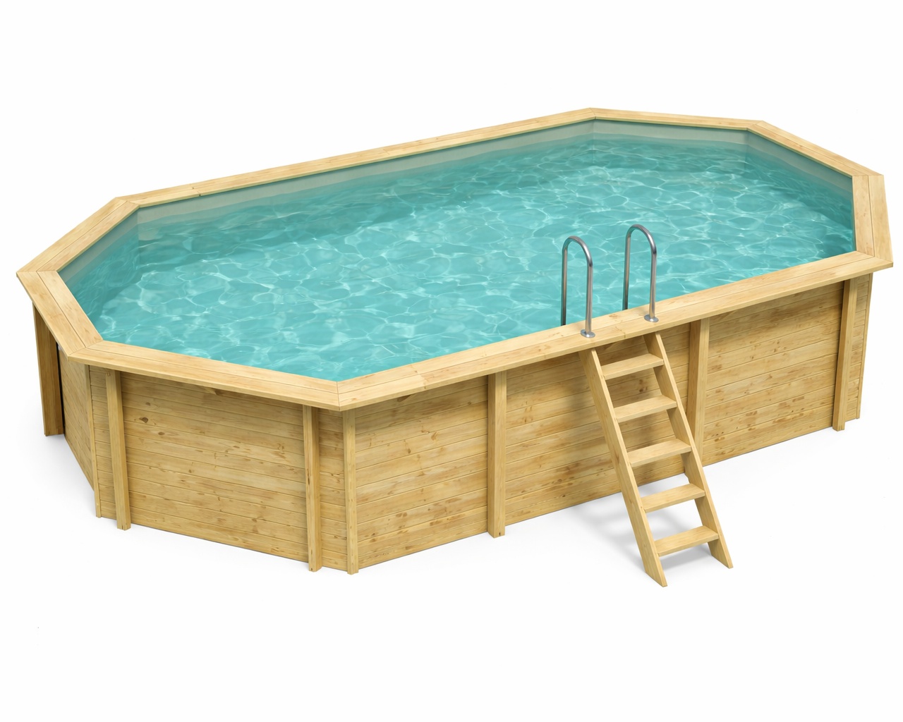 Piscine bois Altanka NEMO octogonale allongee 7,3 x 3,97m H 1,45m liner sable, sans dalle beton