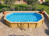 Piscine bois Altanka NEMO octogonale allongee 7,3 x 3,97m H 1,45m liner gris, sans dalle beton - Autre vue