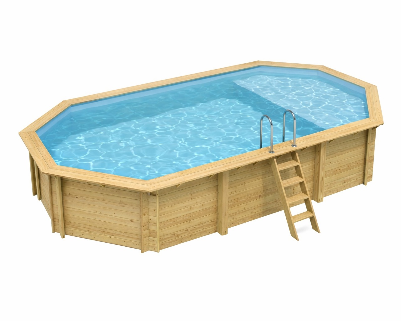 Piscine bois Altanka NEMO octogonale allongee avec plage 7,3 x 3,97m H 1,45m liner bleu, sans dalle beton
