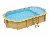 Piscine bois Altanka NEMO octogonale allongee avec plage 7,3 x 3,97m H 1,45m liner bleu, sans dalle beton