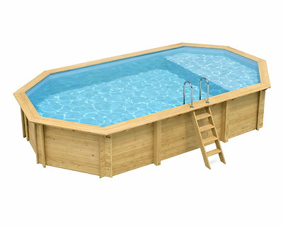 Piscine bois Altanka NEMO octogonale allongée avec plage 7,3 x 3,97m H 1,45m liner bleu, sans dalle béton