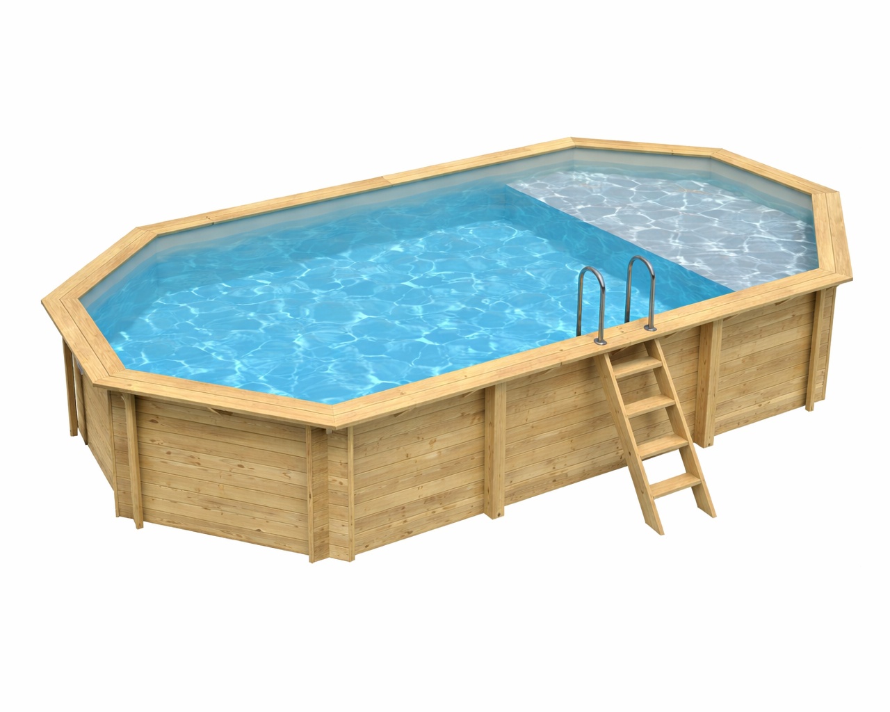 Piscine bois Altanka NEMO octogonale allongee avec plage 7,3 x 3,97m H 1,45m liner gris, sans dalle beton