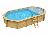 Piscine bois Altanka NEMO octogonale allongee avec plage 7,3 x 3,97m H 1,45m liner gris, sans dalle beton
