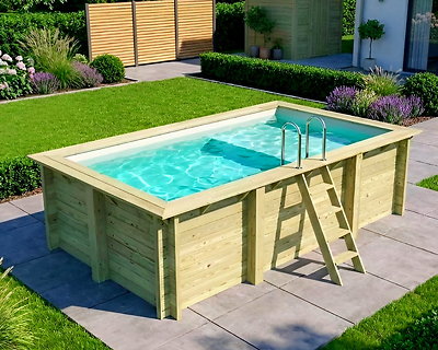 Piscine bois Altanka AQUA rectangulaire avec plage 4,65 x 2,85m H 1,24m liner sable, ancrage béton