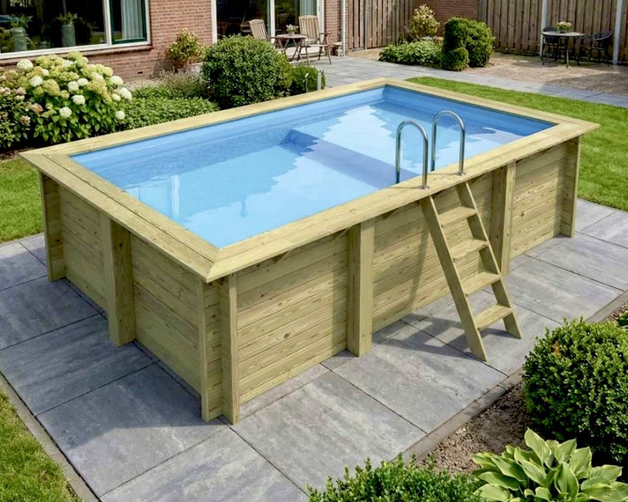 Piscine bois Altanka AQUA rectangulaire avec plage 4,65 x 2,85m H 1,24m liner bleu, ancrage beton