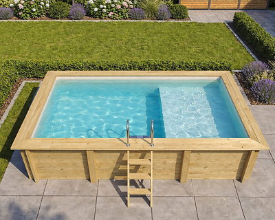 Piscine bois Altanka AQUA rectangulaire avec plage 4,65 x 2,85m H 1,24m liner gris, ancrage béton