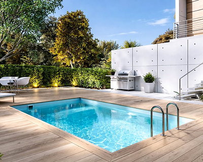 Piscine bois Altanka AQUA rectangulaire 4,65 x 2,85m H 1,24m liner bleu, pose sur dalle