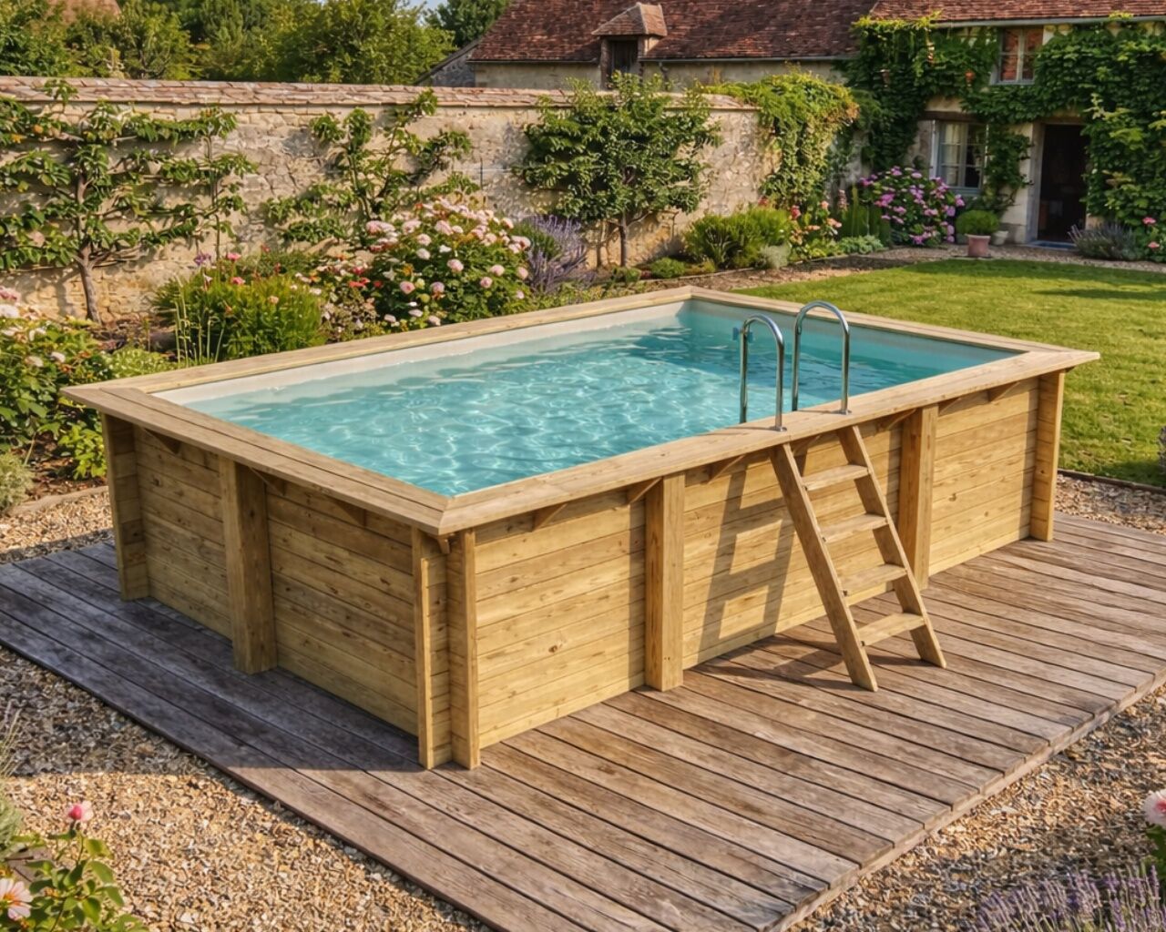 Piscine bois Altanka AQUA rectangulaire 4,65 x 2,85m H 1,24m liner sable, pose sur dalle