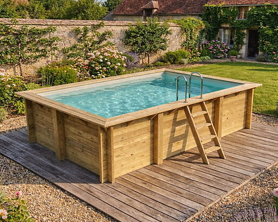 Piscine bois Altanka AQUA rectangulaire 4,65 x 2,85m H 1,24m liner sable, pose sur dalle