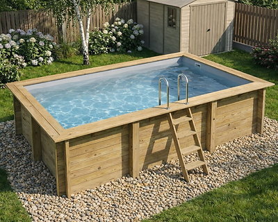 Piscine bois Altanka AQUA rectangulaire 4,65 x 2,85m H 1,24m liner gris, pose sur dalle