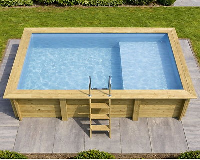 Piscine bois Altanka AQUA rectangulaire avec plage 4,65 x 2,85m H 1,24m liner bleu, pose sur dalle