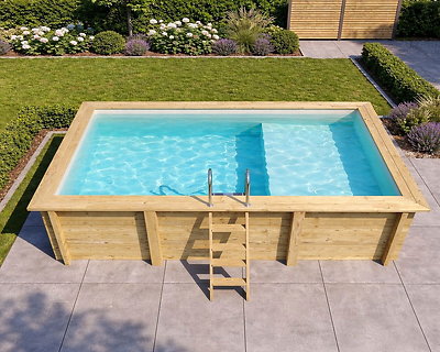 Piscine bois Altanka AQUA rectangulaire avec plage 4,65 x 2,85m H 1,24m liner sable, pose sur dalle