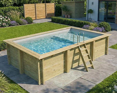 Piscine bois Altanka AQUA rectangulaire avec plage 4,65 x 2,85m H 1,24m liner gris, pose sur dalle