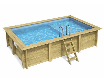 Piscine bois Altanka AQUA rectangulaire avec plage 4,65 x 2,85m H 1,24m liner bleu, sans dalle béton