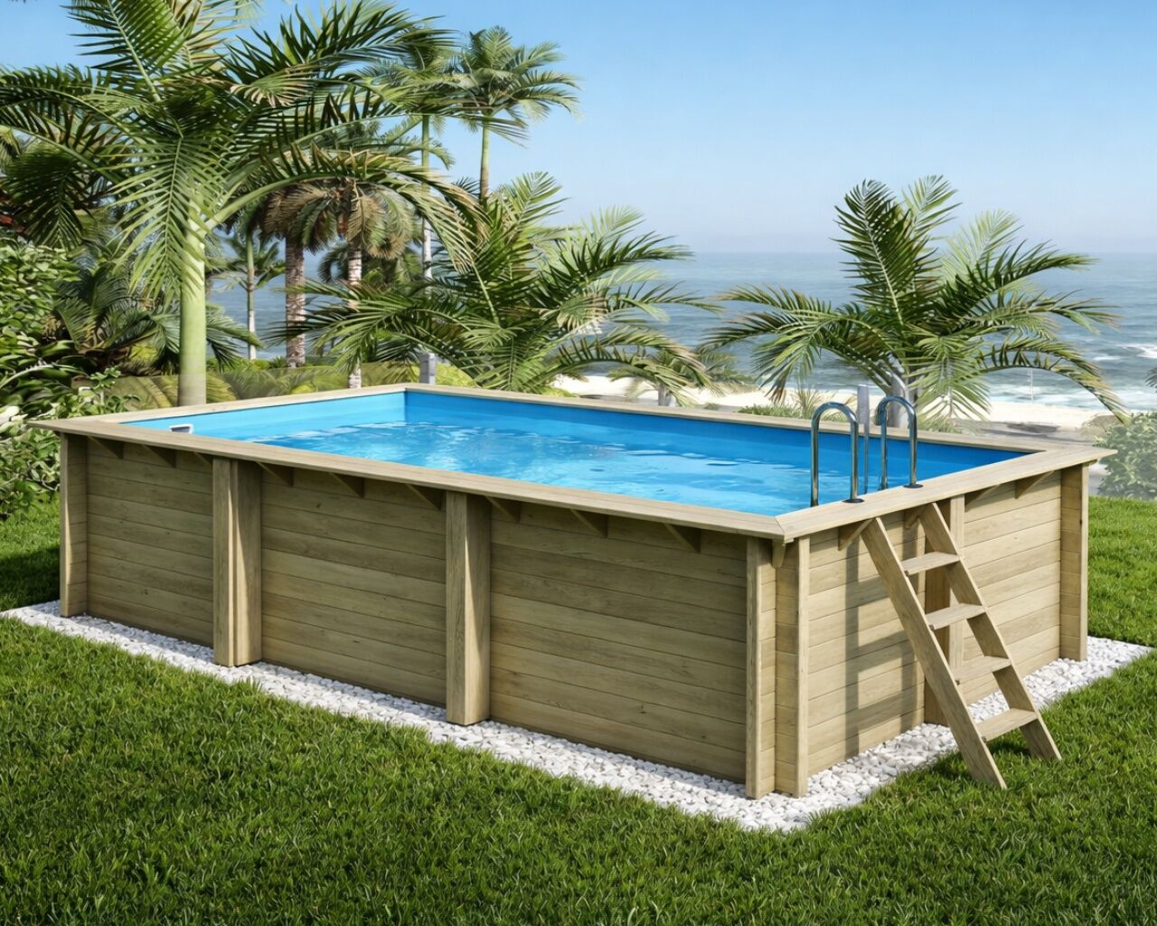 Piscine bois Altanka AQUA rectangulaire 6,1 x 2,85m H 1,31m liner bleu, ancrage beton