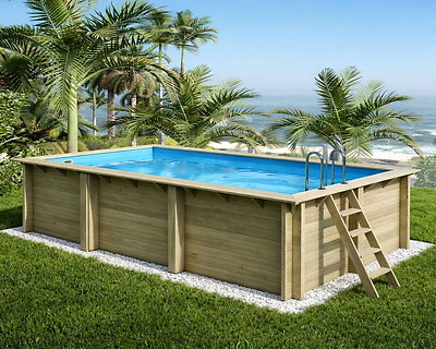 Piscine bois Altanka AQUA rectangulaire 6,1 x 2,85m H 1,31m liner bleu, ancrage béton