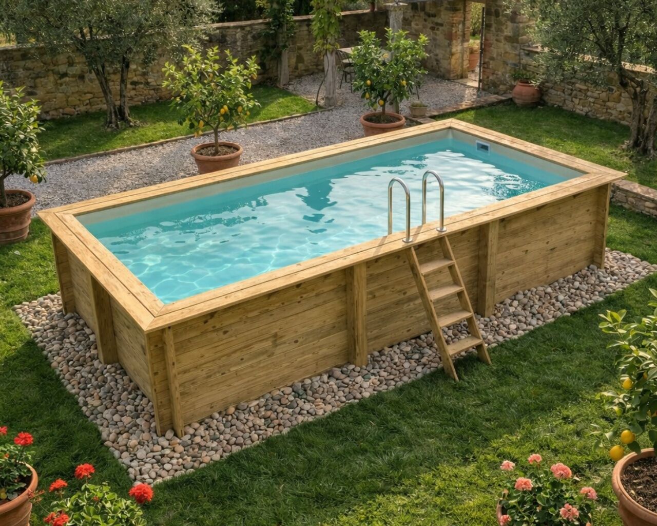 Piscine bois Altanka AQUA rectangulaire 6,1 x 2,85m H 1,31m liner sable, ancrage beton