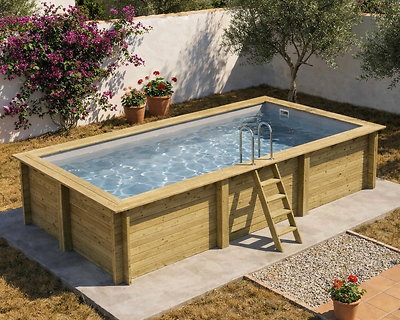 Piscine bois Altanka AQUA rectangulaire 6,1 x 2,85m H 1,31m liner gris, ancrage béton