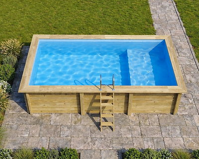 Piscine bois Altanka AQUA rectangulaire avec plage 6,1 x 2,85m H 1,31m liner bleu, ancrage béton