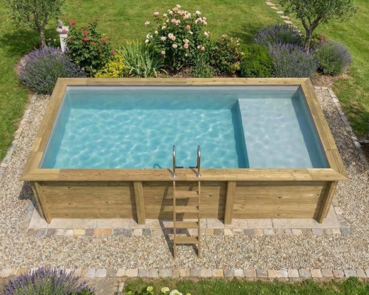 Piscine bois Altanka AQUA rectangulaire avec plage 6,1 x 2,85m H 1,31m liner gris, ancrage beton