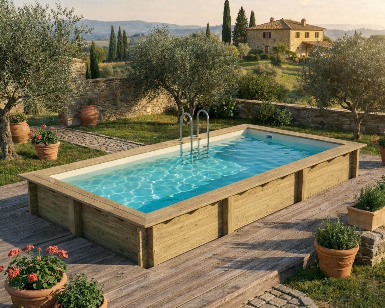 Piscine bois Altanka AQUA rectangulaire 6,1 x 2,85m H 1,31m liner sable, pose sur dalle